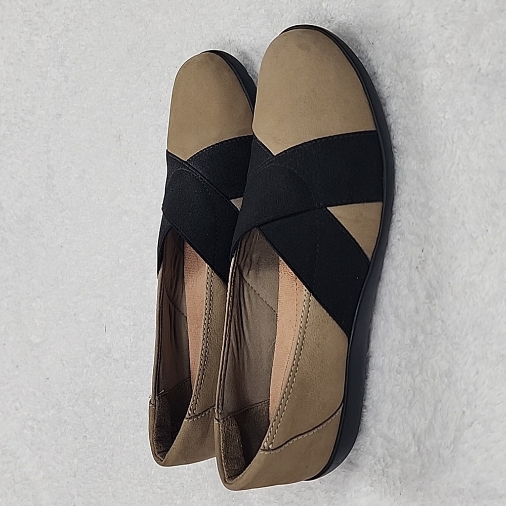 Clarks Medora Suede Jem Cross Strap Tan And Black Slip On Loafer
